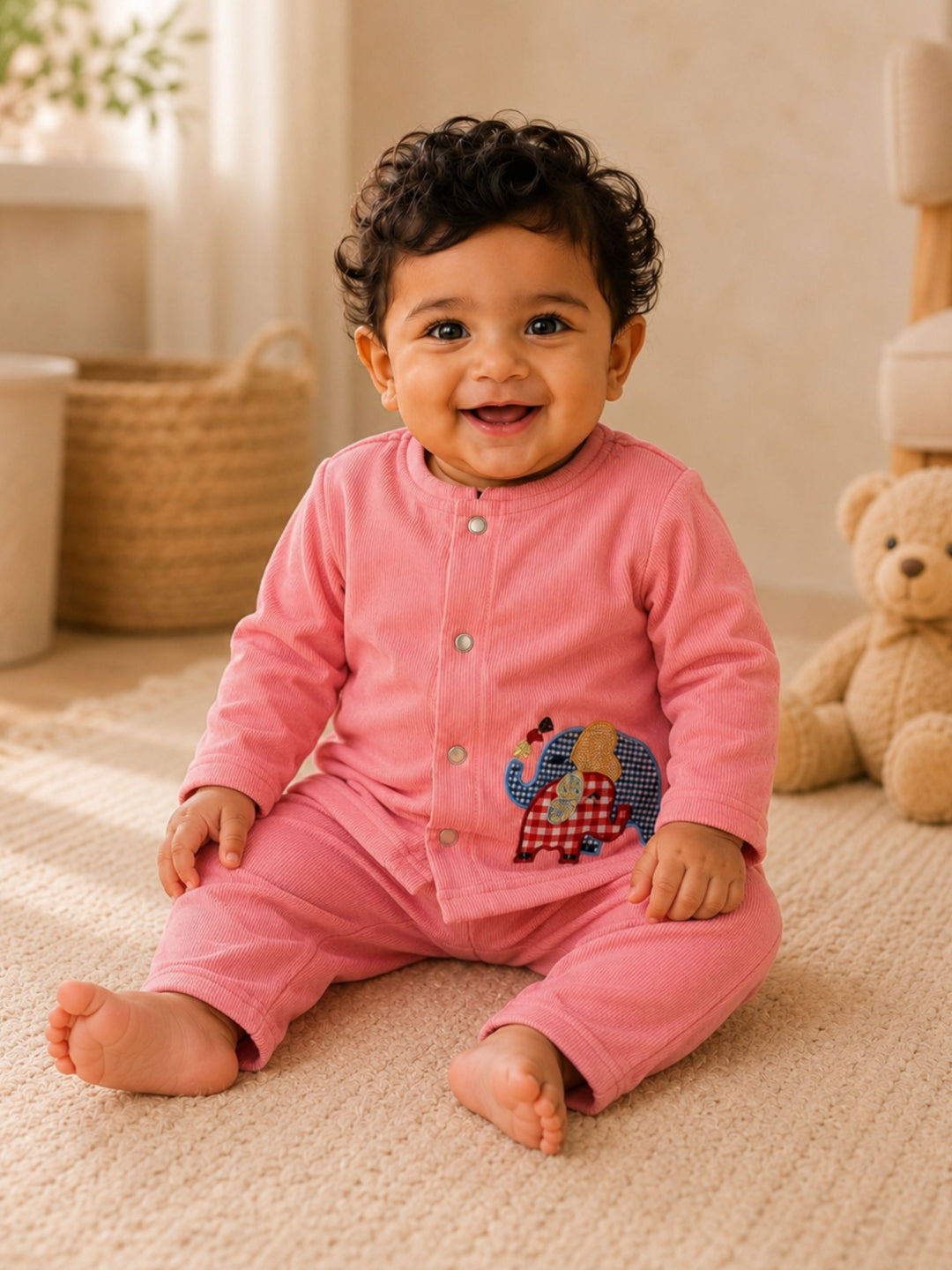 Pspeaches Baby Boy Peach Ethnic Solid Rib Straight Fit Top With Pant Set