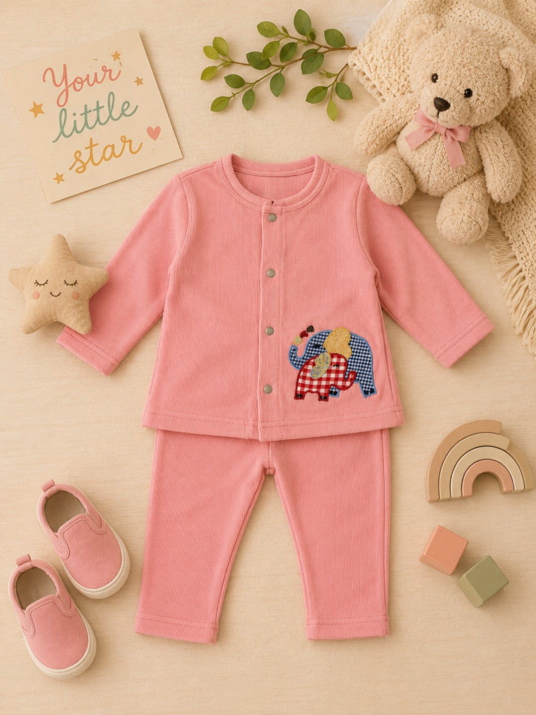 Pspeaches Baby Boy Peach Ethnic Solid Rib Straight Fit Top With Pant Set