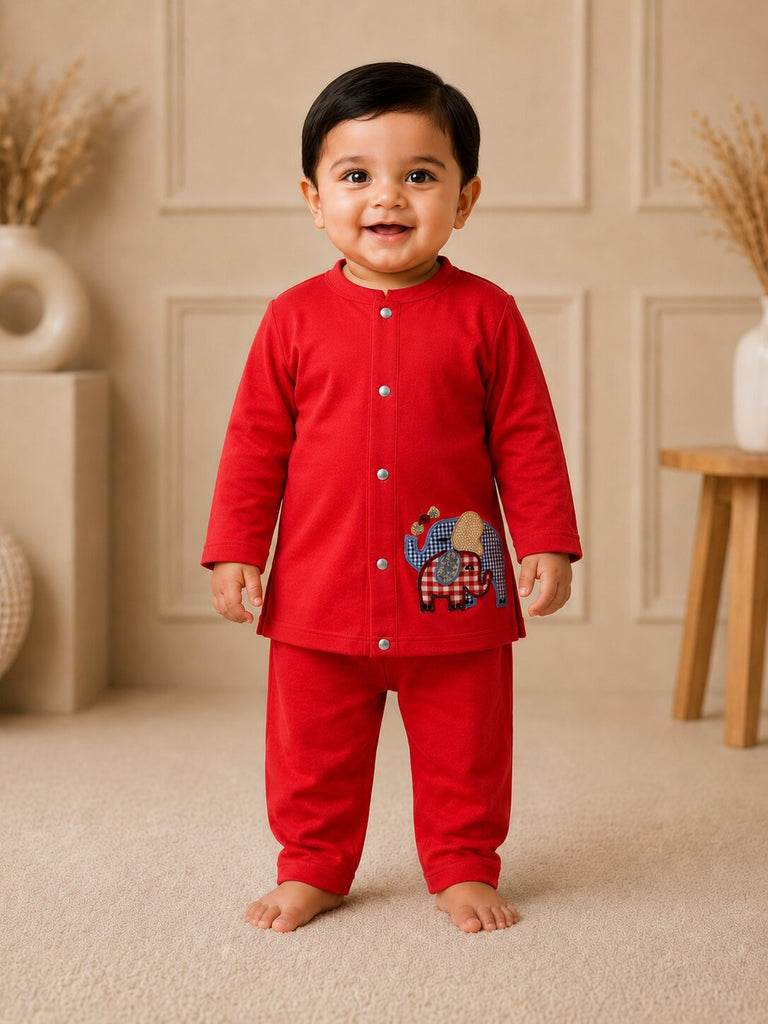 Pspeaches Baby Boy Red Ethnic Solid Cotton Straight Fit Top With Pant Set