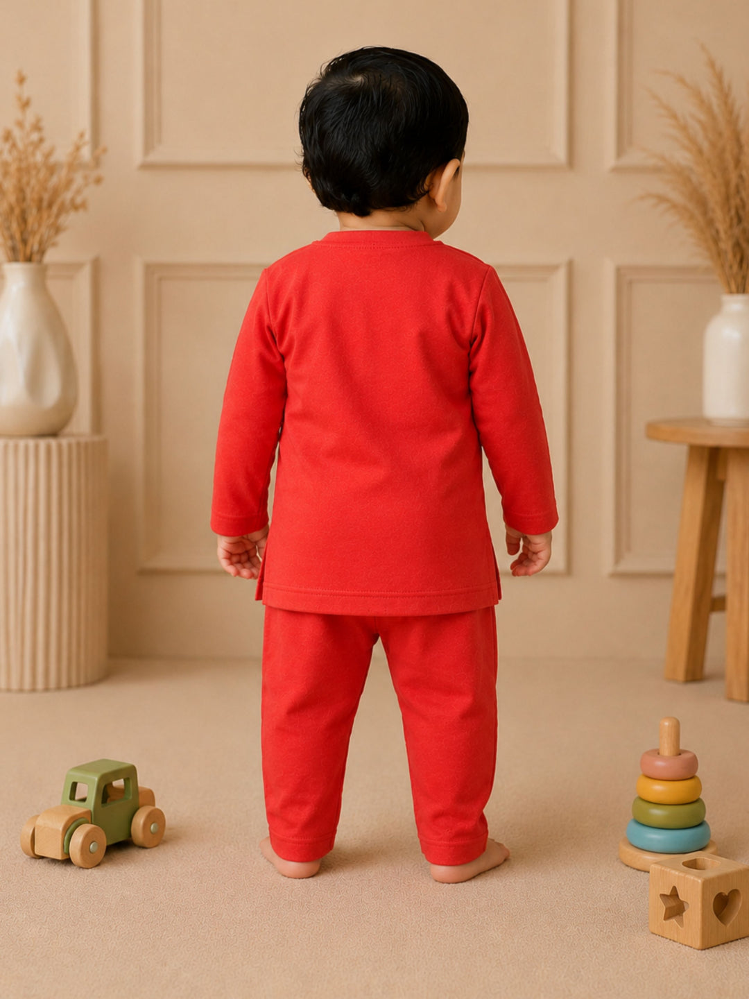 Pspeaches Baby Boy Red Ethnic Solid Cotton Straight Fit Top With Pant Set