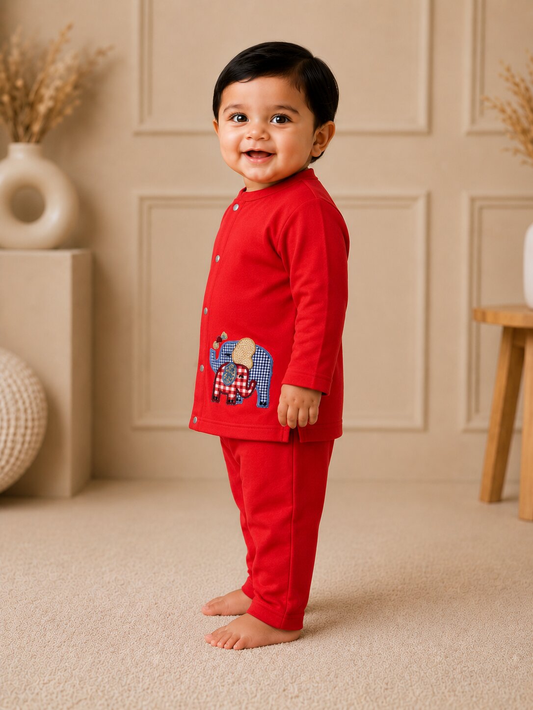 Pspeaches Baby Boy Red Ethnic Solid Cotton Straight Fit Top With Pant Set