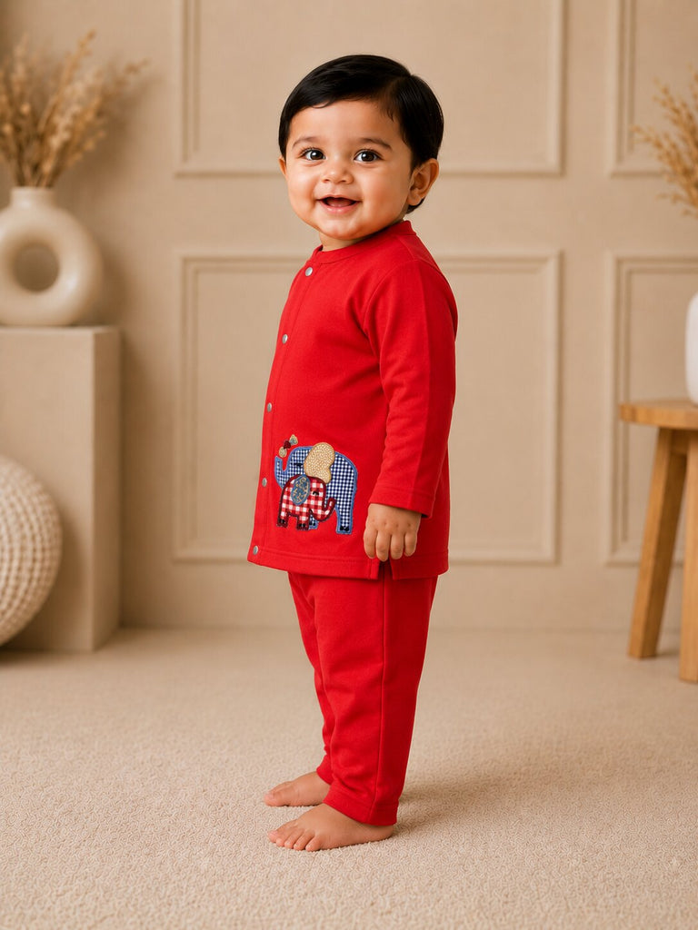 Pspeaches Baby Boy Red Ethnic Solid Cotton Straight Fit Top With Pant Set