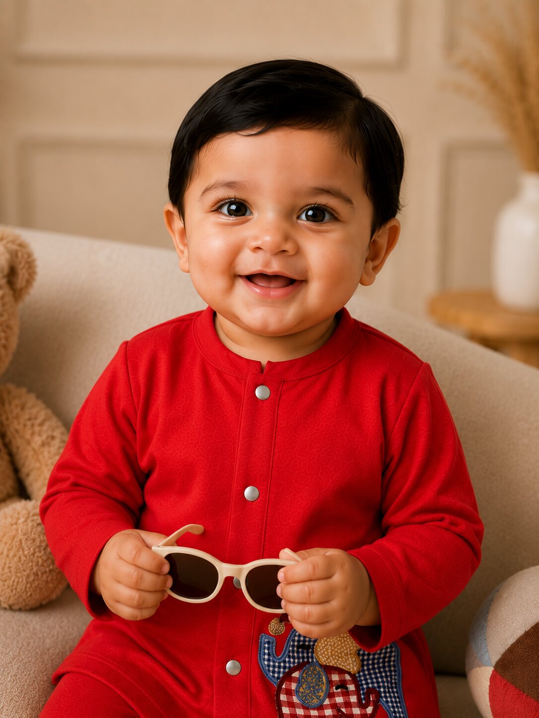 Pspeaches Baby Boy Red Ethnic Solid Cotton Straight Fit Top With Pant Set