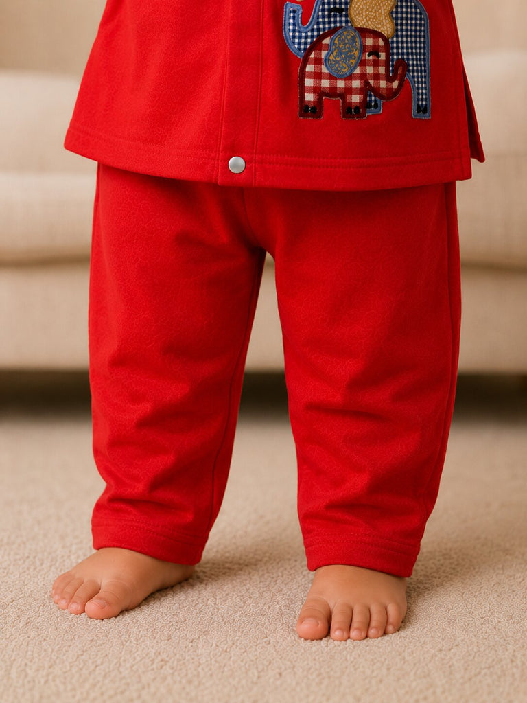 Pspeaches Baby Boy Red Ethnic Solid Cotton Straight Fit Top With Pant Set