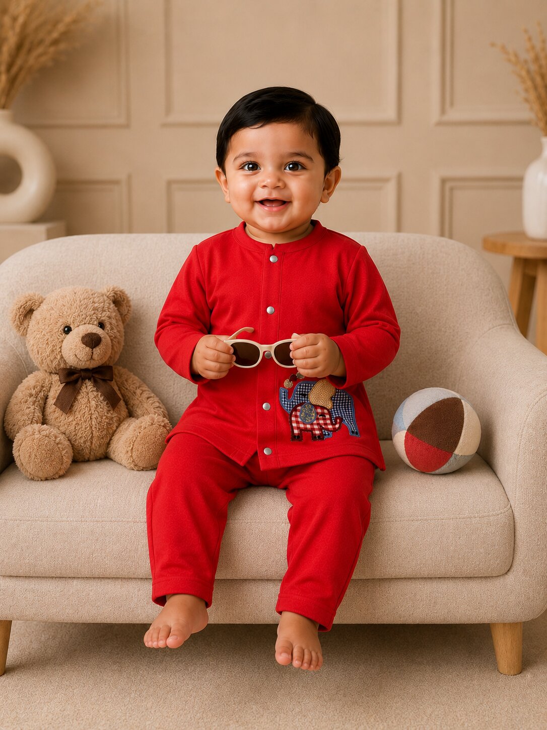 Pspeaches Baby Boy Red Ethnic Solid Cotton Straight Fit Top With Pant Set