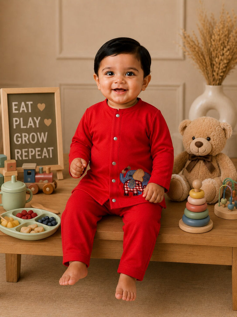 Pspeaches Baby Boy Red Ethnic Solid Cotton Straight Fit Top With Pant Set