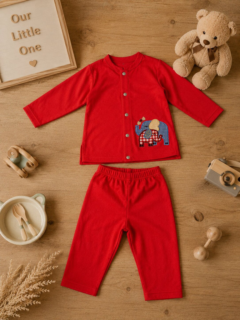 Pspeaches Baby Boy Red Ethnic Solid Cotton Straight Fit Top With Pant Set