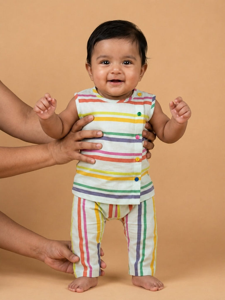 Pspeaches Baby Boy Multi Ethnic Stripe Rayon Slub Angrakha Top With Pant Set