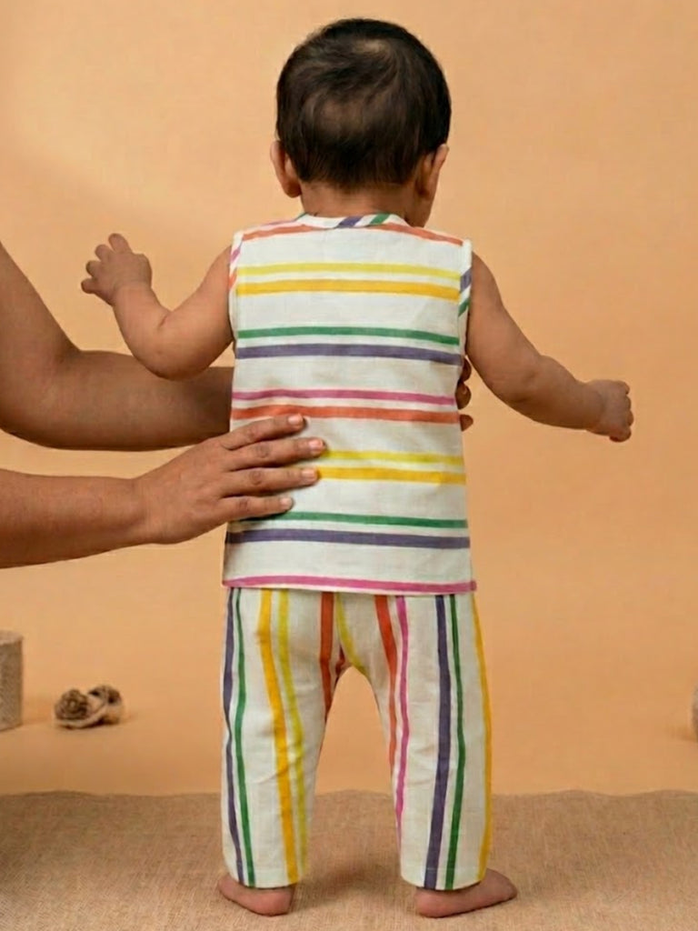 Pspeaches Baby Boy Multi Ethnic Stripe Rayon Slub Angrakha Top With Pant Set