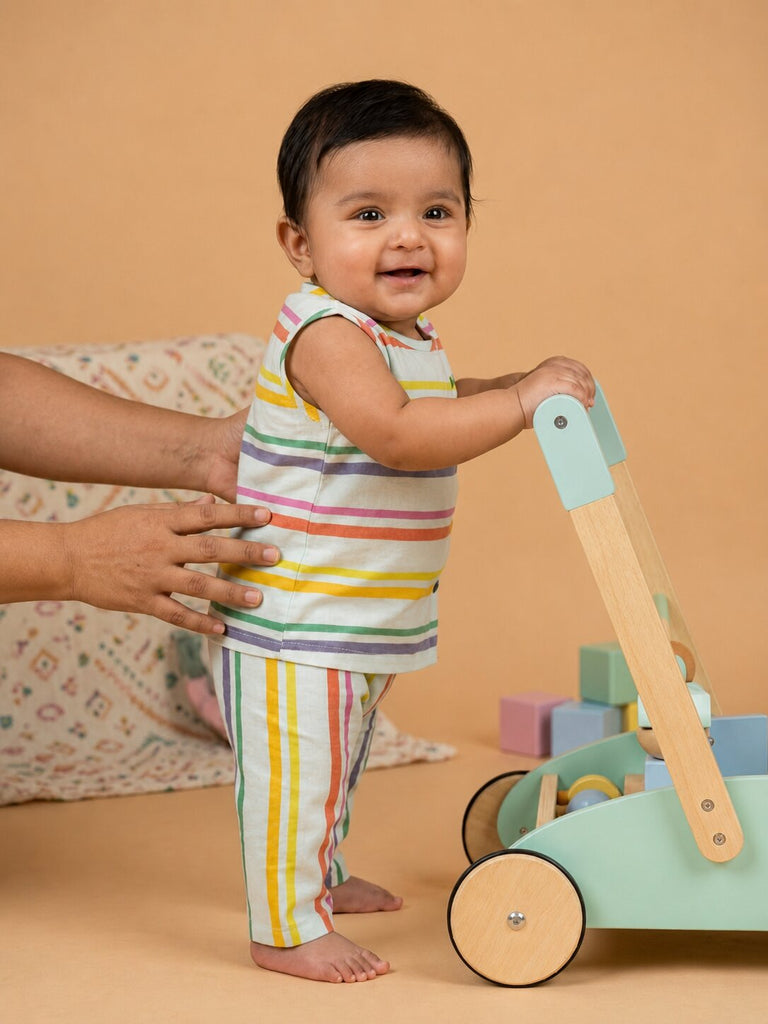 Pspeaches Baby Boy Multi Ethnic Stripe Rayon Slub Angrakha Top With Pant Set