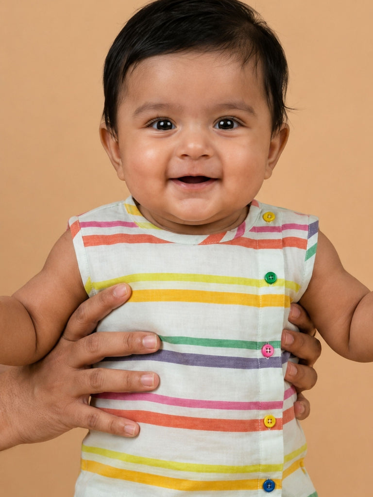 Pspeaches Baby Boy Multi Ethnic Stripe Rayon Slub Angrakha Top With Pant Set