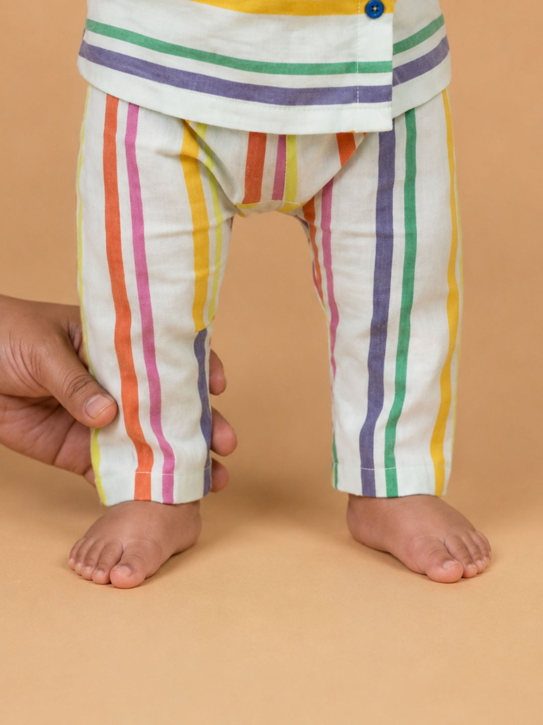 Pspeaches Baby Boy Multi Ethnic Stripe Rayon Slub Angrakha Top With Pant Set