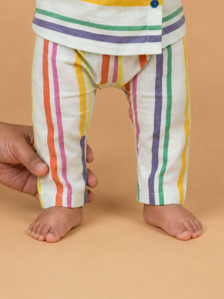 Pspeaches Baby Boy Multi Ethnic Stripe Rayon Slub Angrakha Top With Pant Set