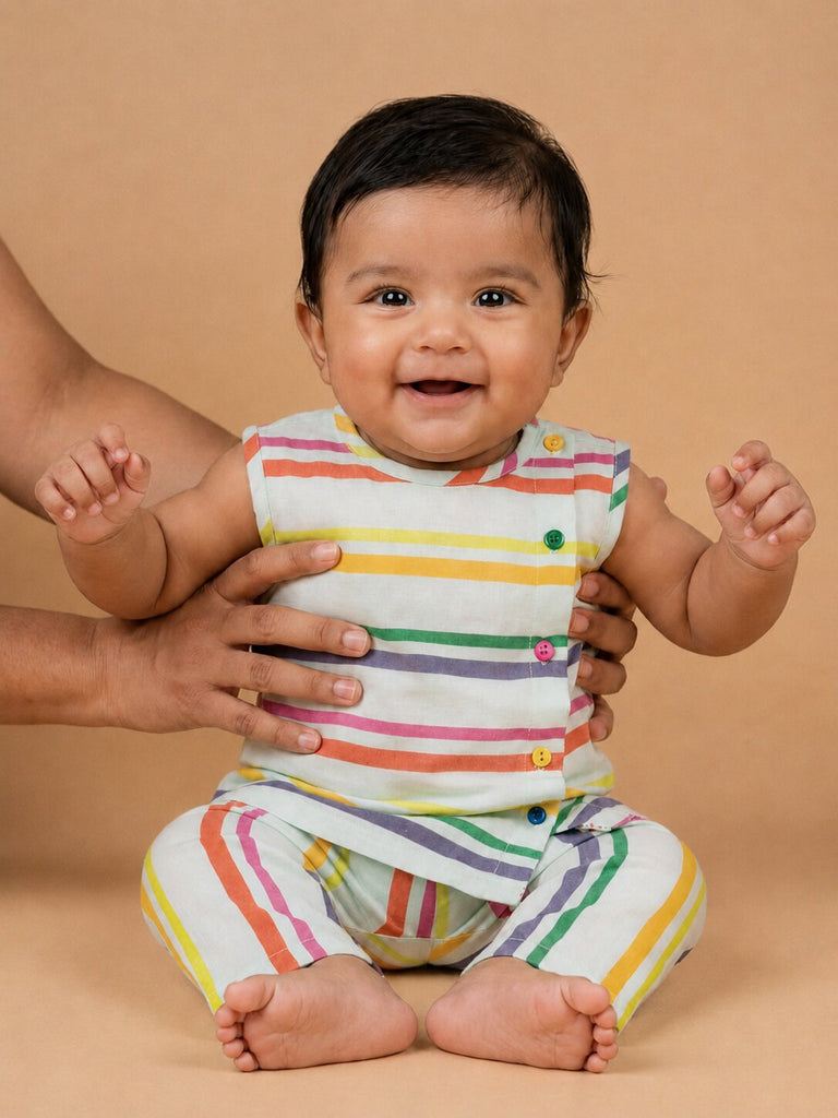 Pspeaches Baby Boy Multi Ethnic Stripe Rayon Slub Angrakha Top With Pant Set