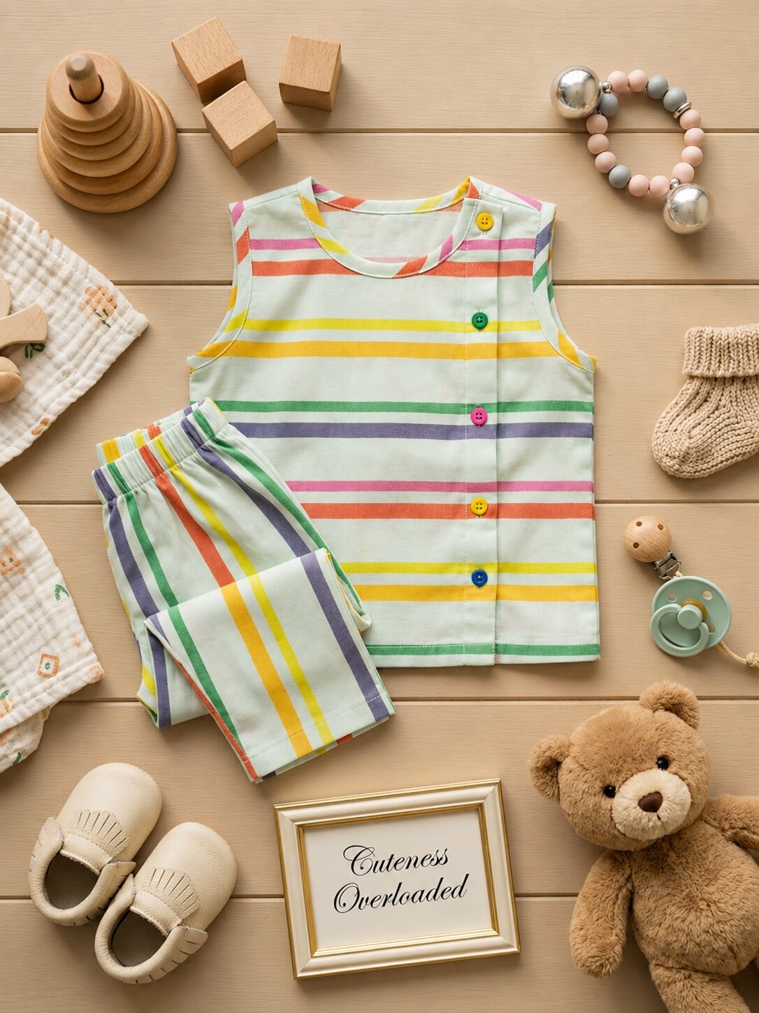 Pspeaches Baby Boy Multi Ethnic Stripe Rayon Slub Angrakha Top With Pant Set
