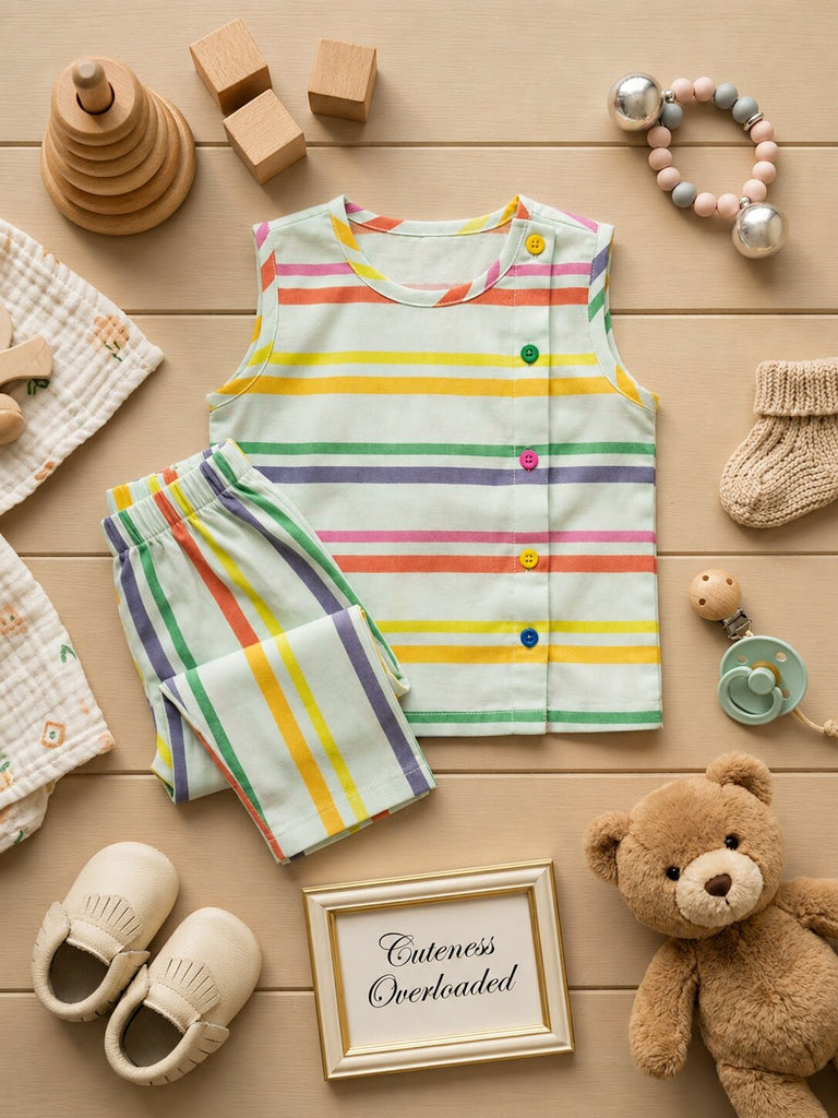 Pspeaches Baby Boy Multi Ethnic Stripe Rayon Slub Angrakha Top With Pant Set