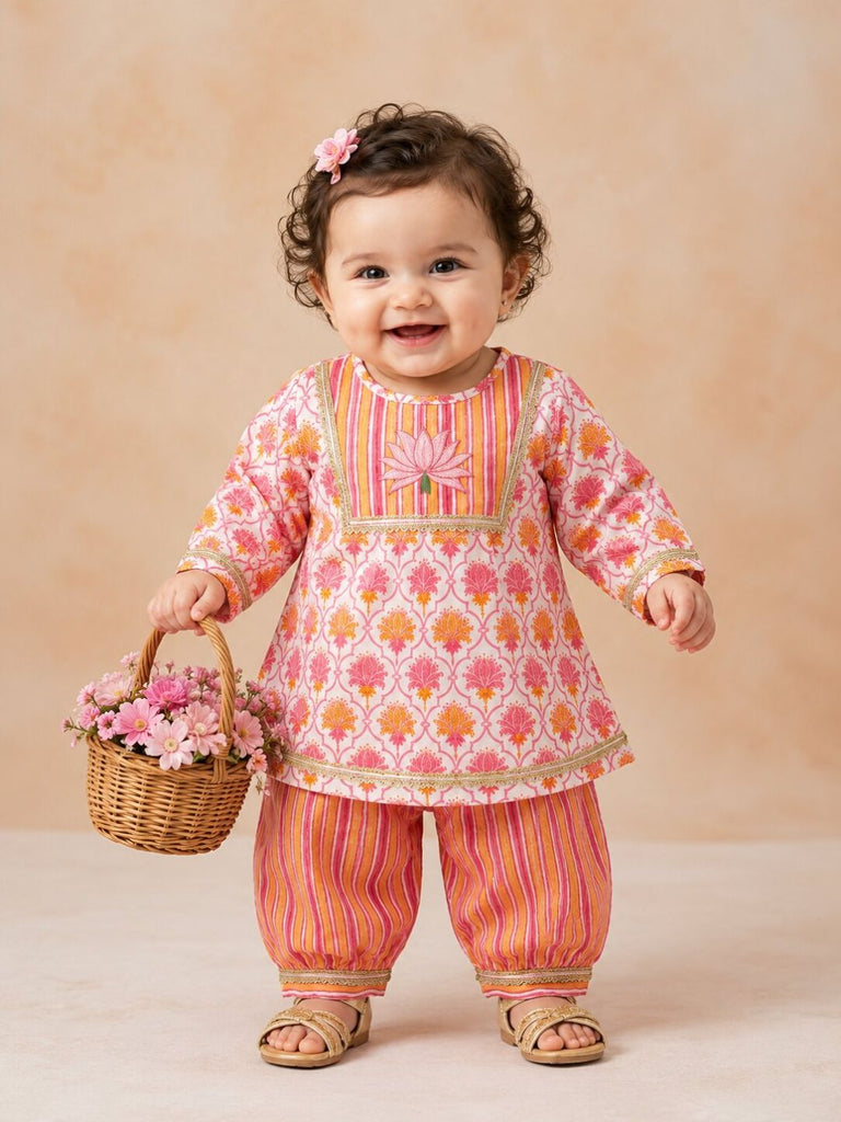 Pspeaches Baby Girls Orange & Pink Ethnic Printed Cotton A-Line Kurta With Pant Set