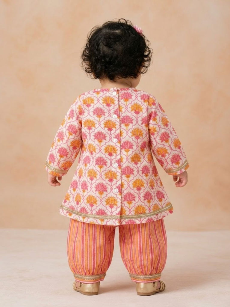 Pspeaches Baby Girls Orange & Pink Ethnic Printed Cotton A-Line Kurta With Pant Set