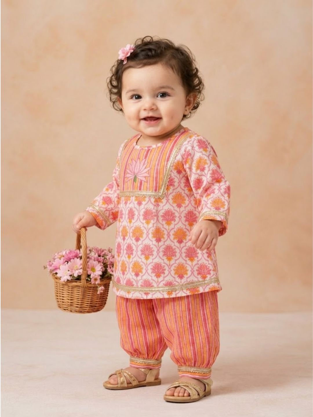 Pspeaches Baby Girls Orange & Pink Ethnic Printed Cotton A-Line Kurta With Pant Set