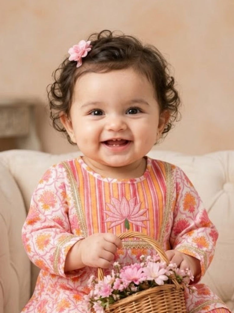 Pspeaches Baby Girls Orange & Pink Ethnic Printed Cotton A-Line Kurta With Pant Set
