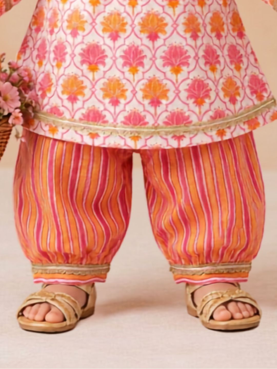 Pspeaches Baby Girls Orange & Pink Ethnic Printed Cotton A-Line Kurta With Pant Set