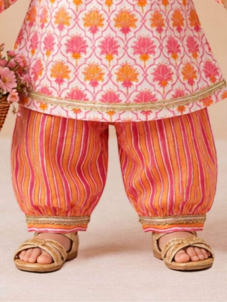 Pspeaches Baby Girls Orange & Pink Ethnic Printed Cotton A-Line Kurta With Pant Set