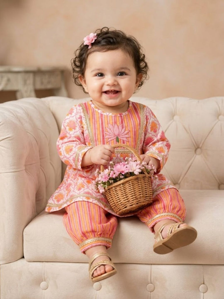 Pspeaches Baby Girls Orange & Pink Ethnic Printed Cotton A-Line Kurta With Pant Set
