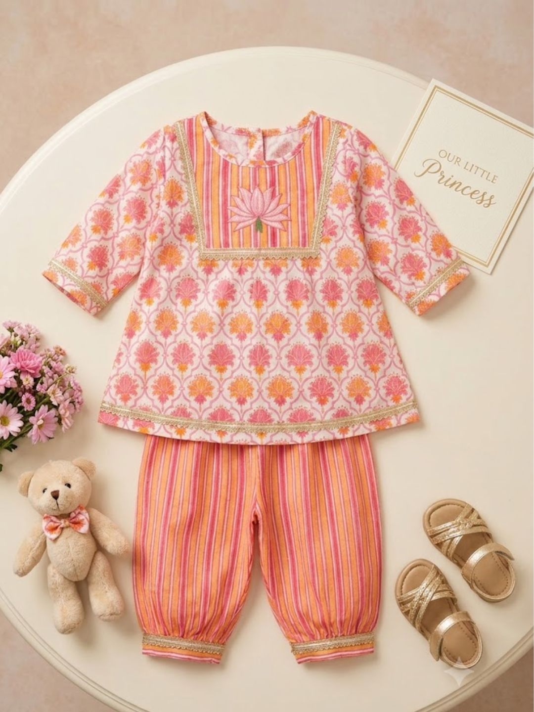 Pspeaches Baby Girls Orange & Pink Ethnic Printed Cotton A-Line Kurta With Pant Set