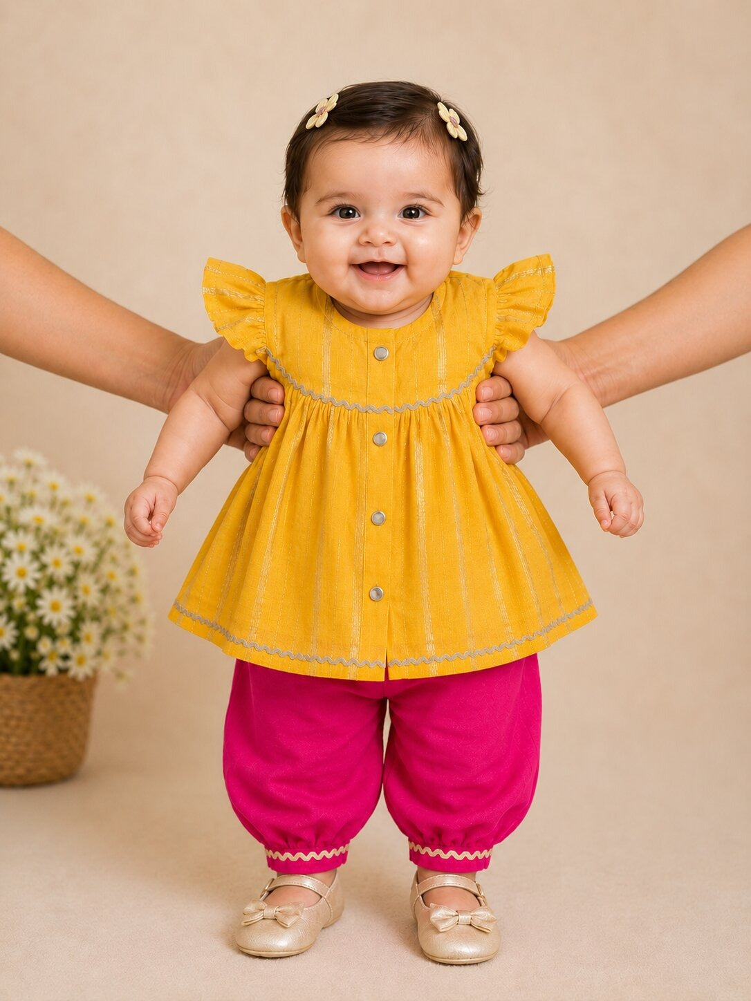 Pspeaches Baby Girls Mustard & Magenta Ethnic Lurex Solid Chanderi A-Line Kurta With Pant Set