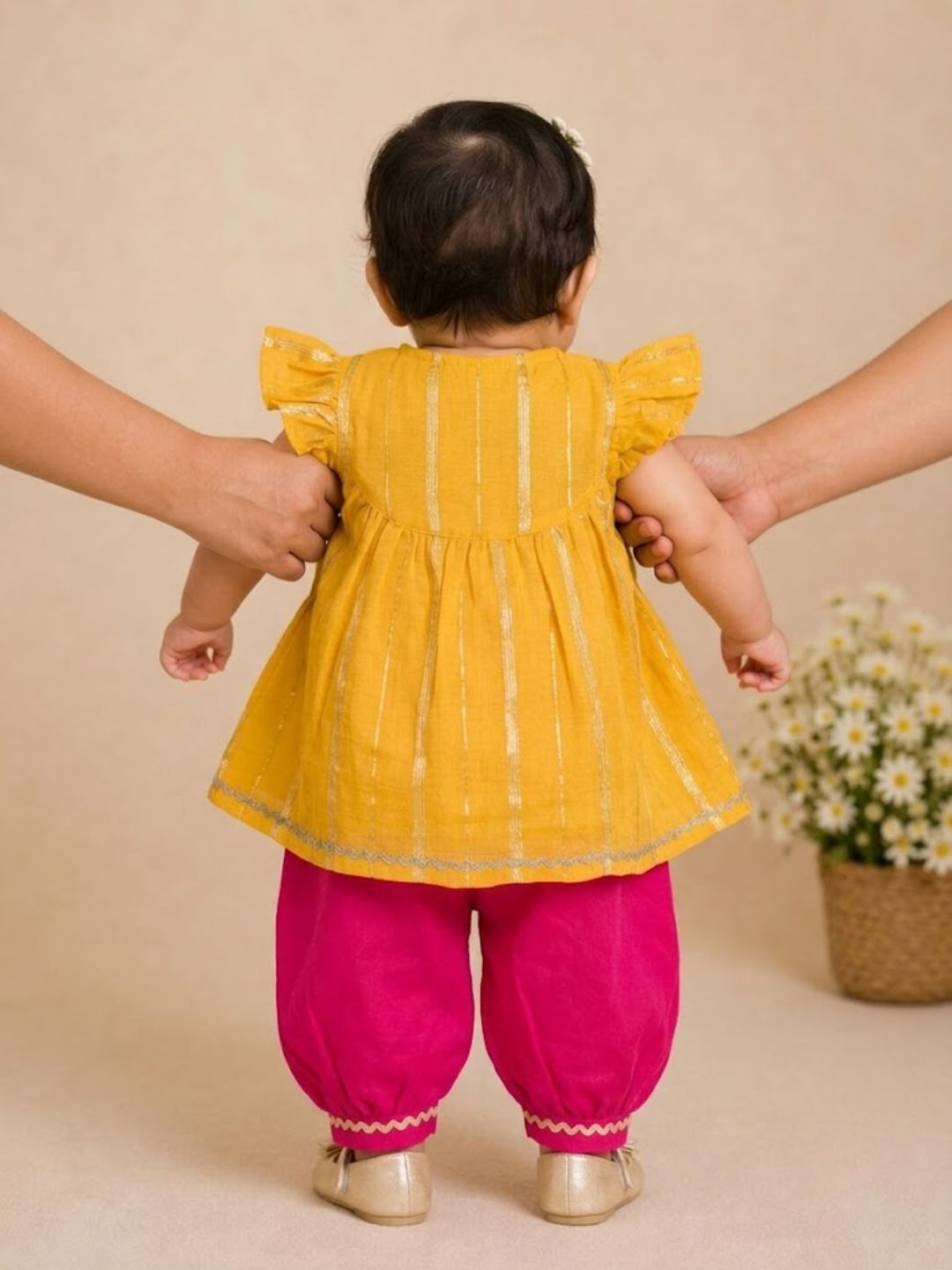 Pspeaches Baby Girls Mustard & Magenta Ethnic Lurex Solid Chanderi A-Line Kurta With Pant Set