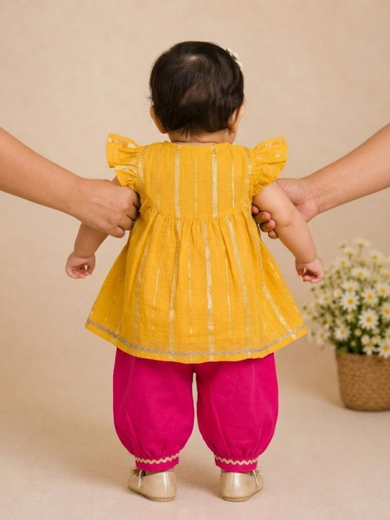 Pspeaches Baby Girls Mustard & Magenta Ethnic Lurex Solid Chanderi A-Line Kurta With Pant Set