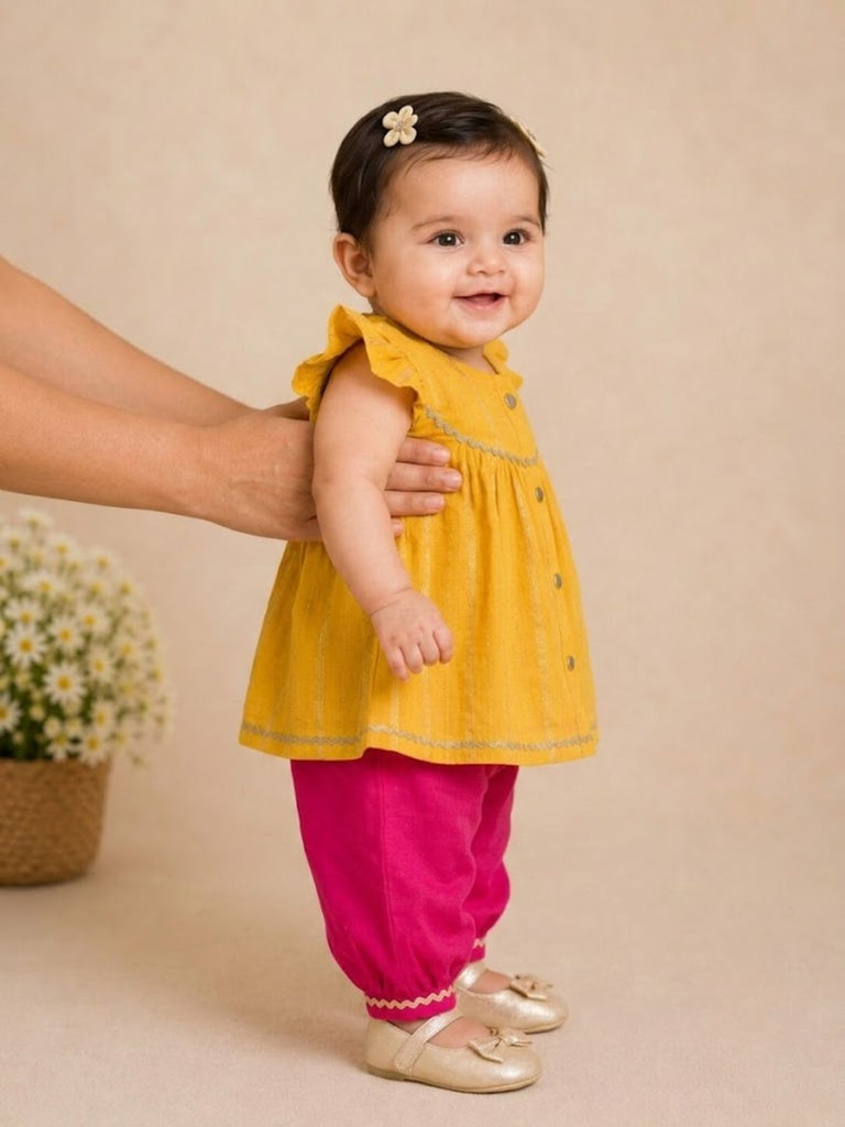 Pspeaches Baby Girls Mustard & Magenta Ethnic Lurex Solid Chanderi A-Line Kurta With Pant Set