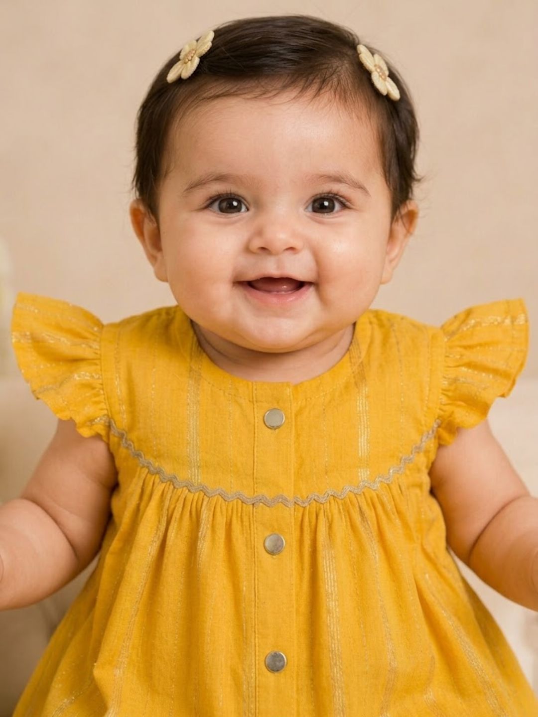 Pspeaches Baby Girls Mustard & Magenta Ethnic Lurex Solid Chanderi A-Line Kurta With Pant Set