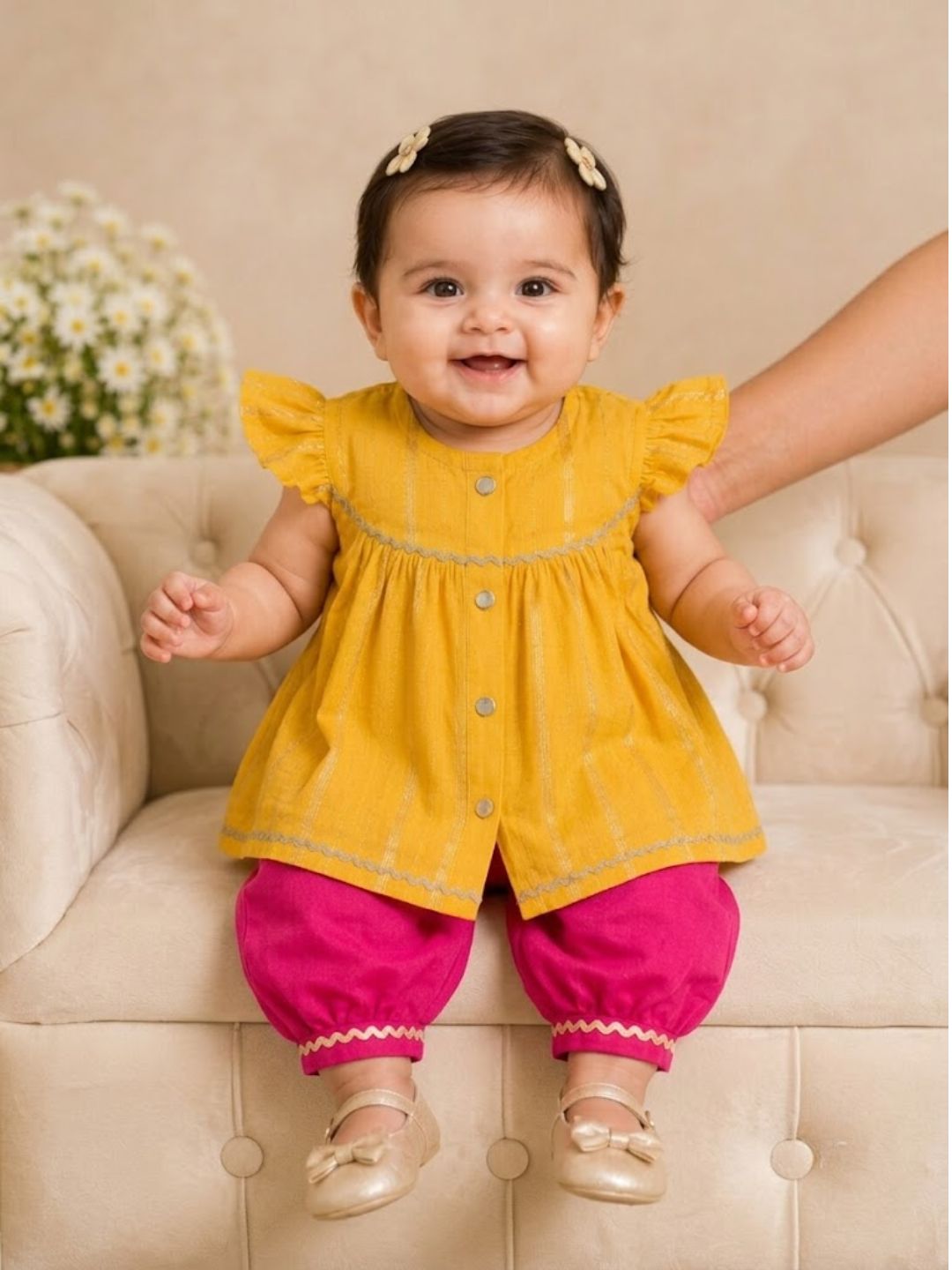 Pspeaches Baby Girls Mustard & Magenta Ethnic Lurex Solid Chanderi A-Line Kurta With Pant Set