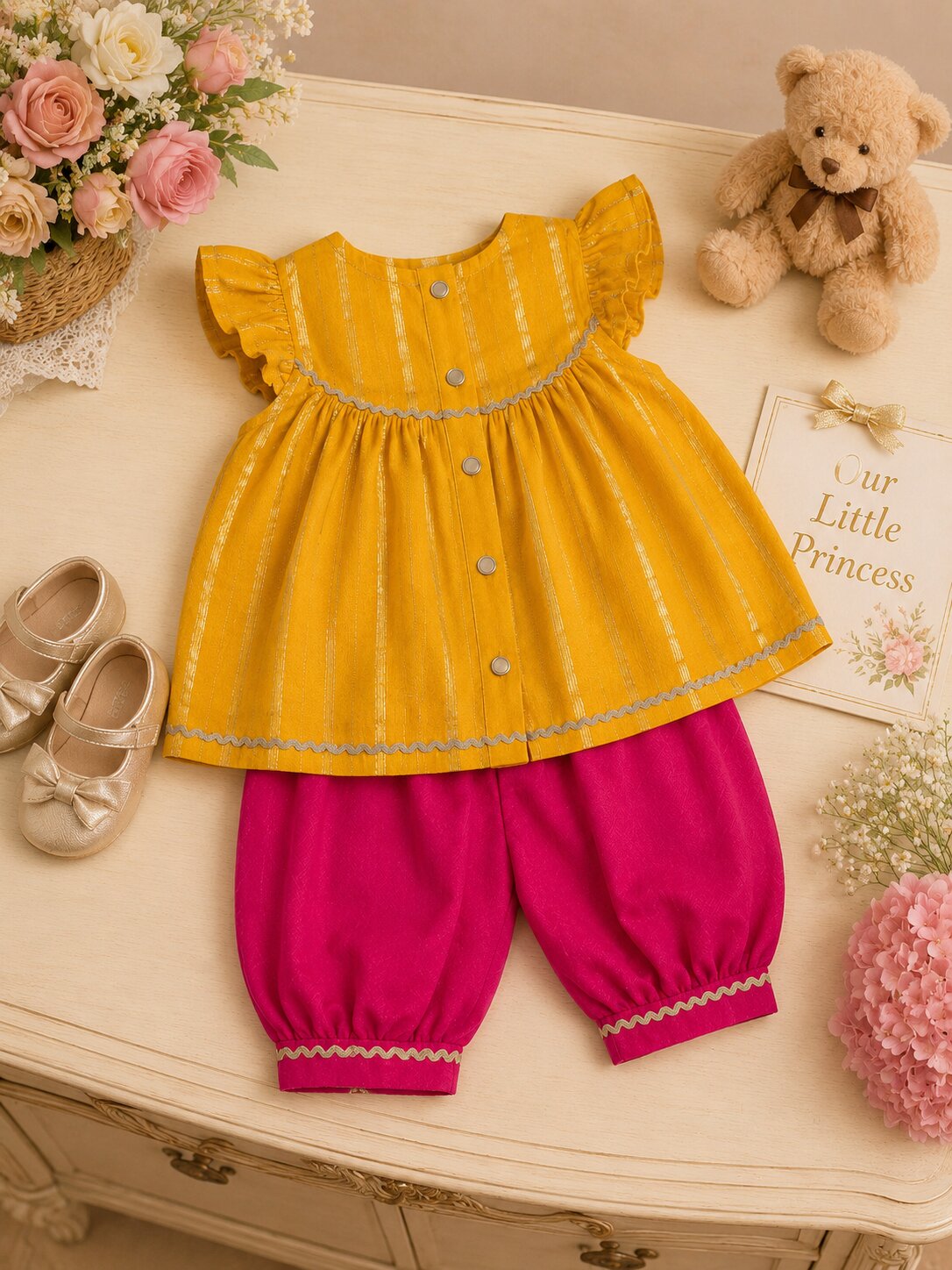 Pspeaches Baby Girls Mustard & Magenta Ethnic Lurex Solid Chanderi A-Line Kurta With Pant Set