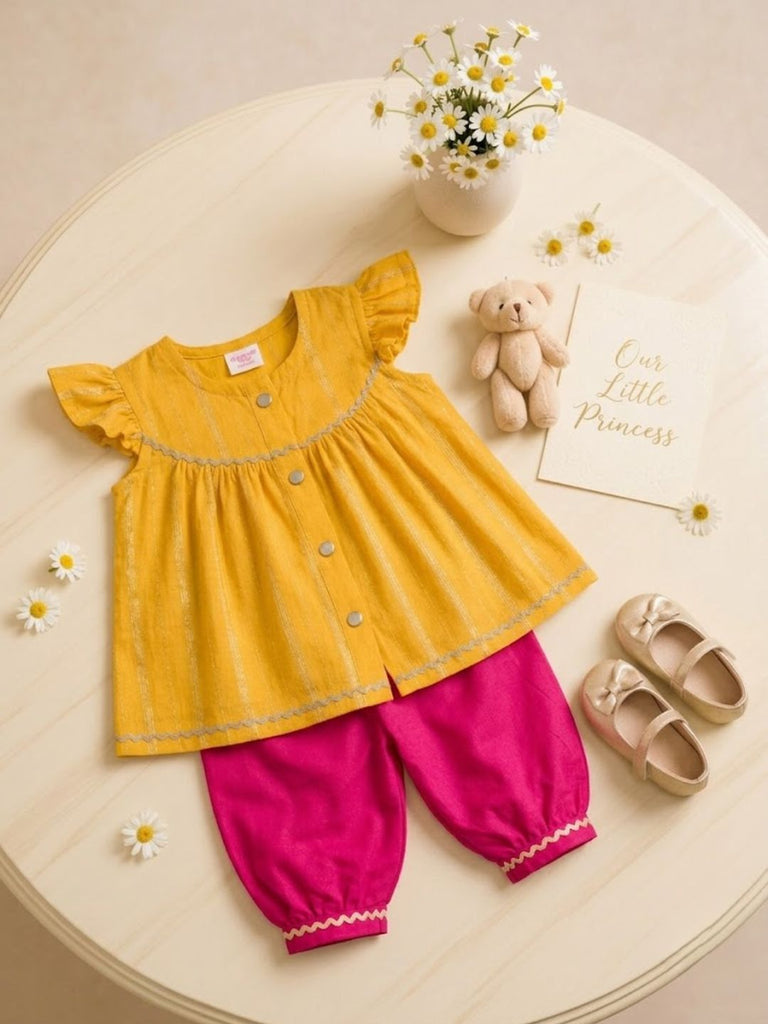Pspeaches Baby Girls Mustard & Magenta Ethnic Lurex Solid Chanderi A-Line Kurta With Pant Set