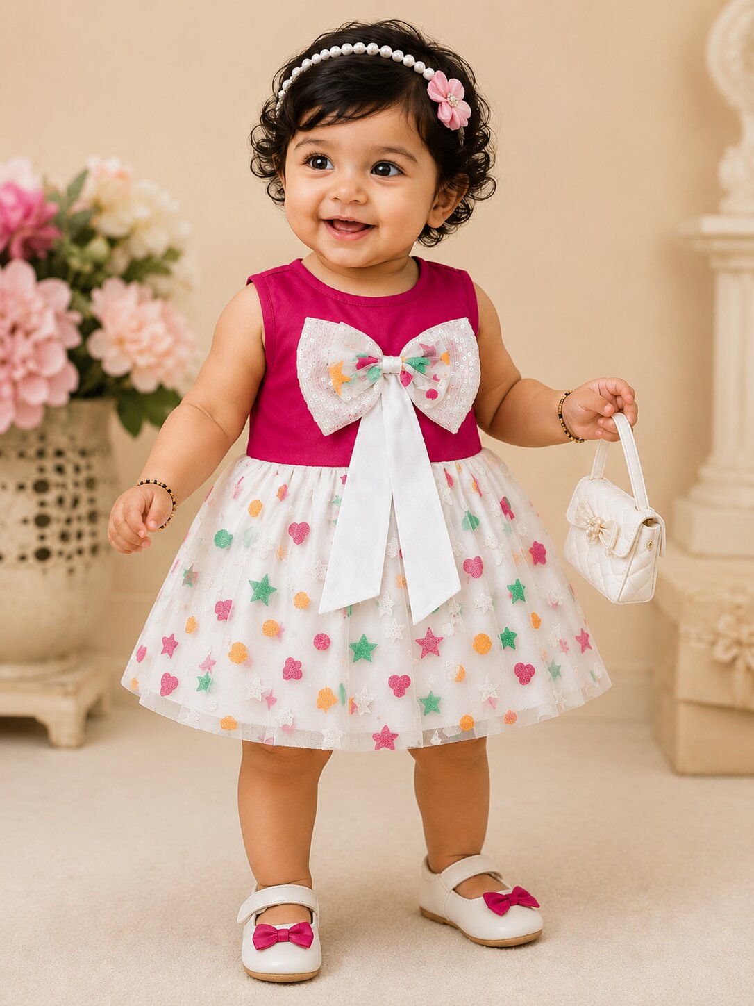 Pspeaches Baby Girls Fuchsia Pink & White Ethnic Glitter Flock Motif Poplin Asymmetric Dress
