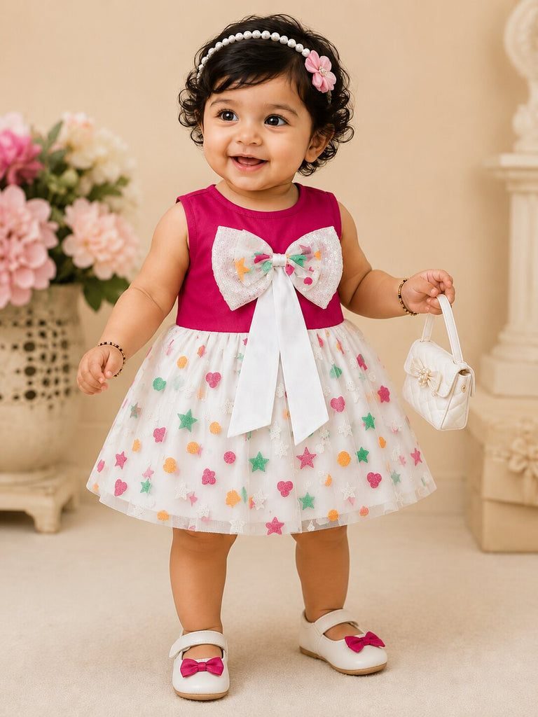 Pspeaches Baby Girls Fuchsia Pink & White Ethnic Glitter Flock Motif Poplin Asymmetric Dress
