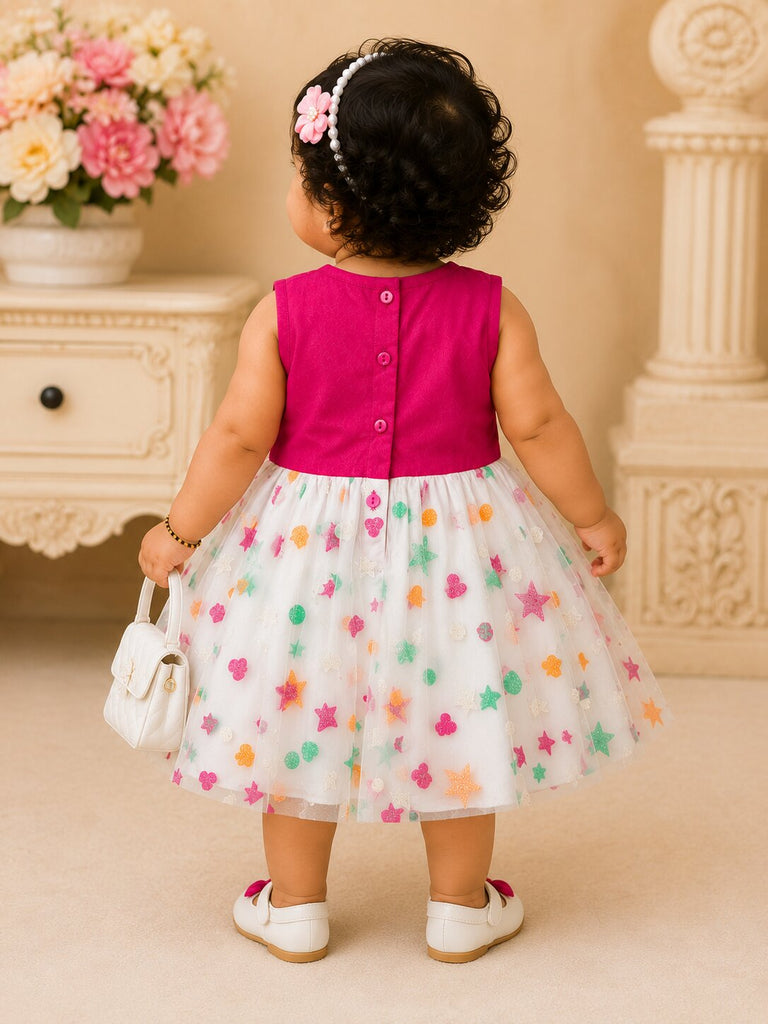 Pspeaches Baby Girls Fuchsia Pink & White Ethnic Glitter Flock Motif Poplin Asymmetric Dress
