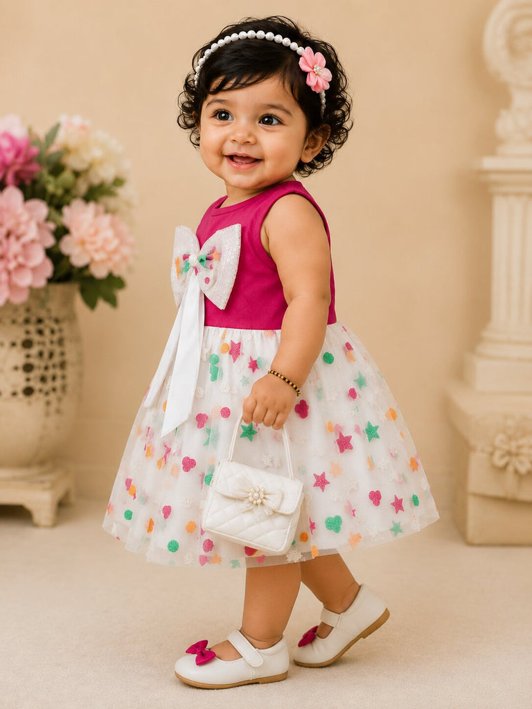 Pspeaches Baby Girls Fuchsia Pink & White Ethnic Glitter Flock Motif Poplin Asymmetric Dress
