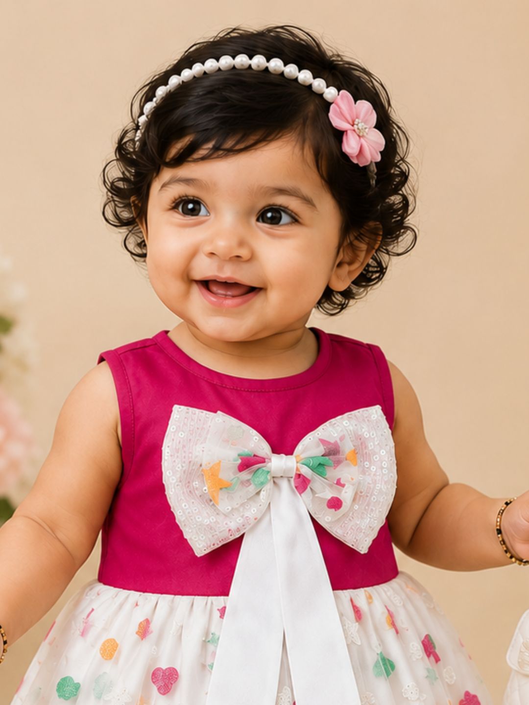 Pspeaches Baby Girls Fuchsia Pink & White Ethnic Glitter Flock Motif Poplin Asymmetric Dress