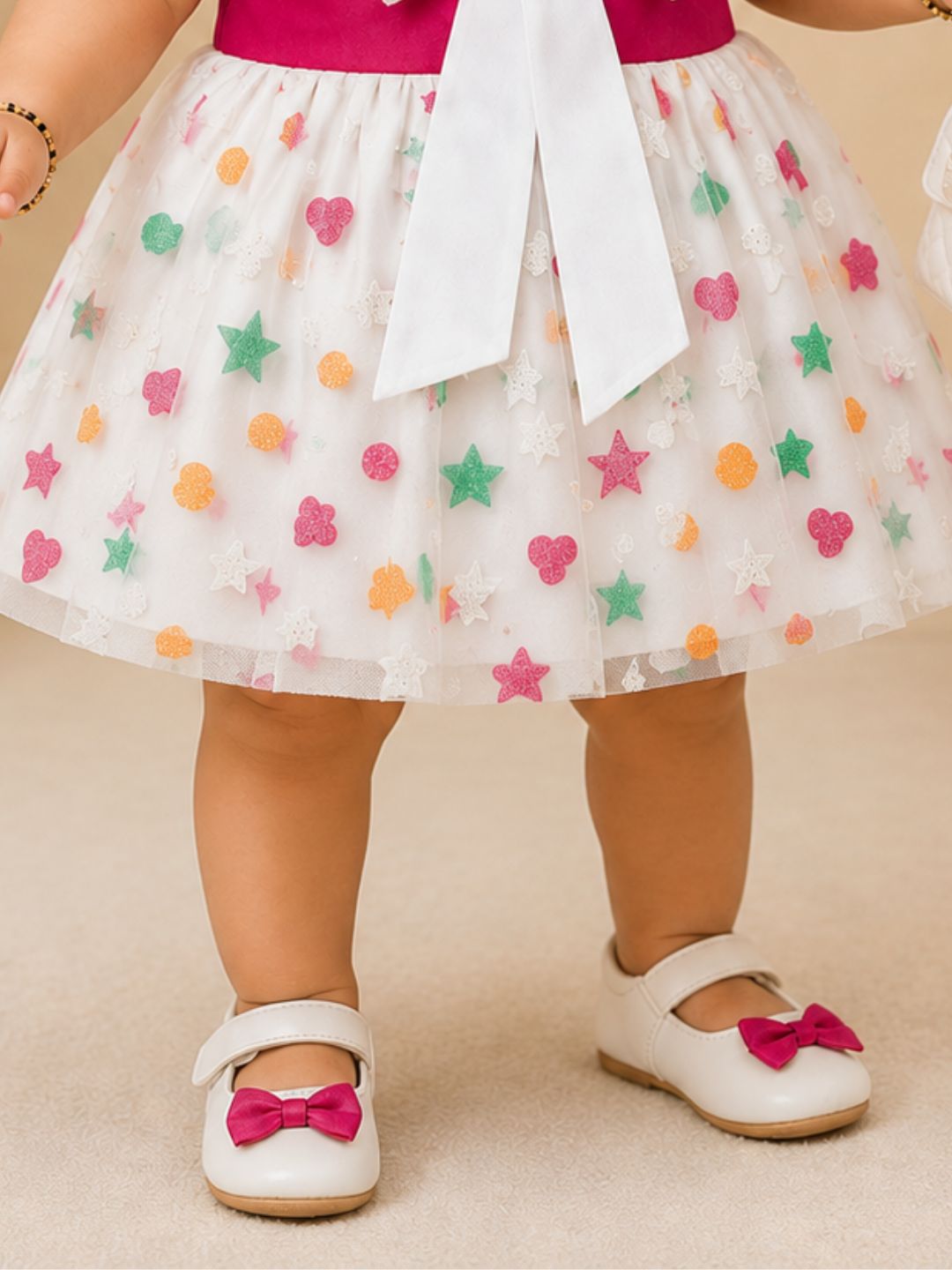 Pspeaches Baby Girls Fuchsia Pink & White Ethnic Glitter Flock Motif Poplin Asymmetric Dress
