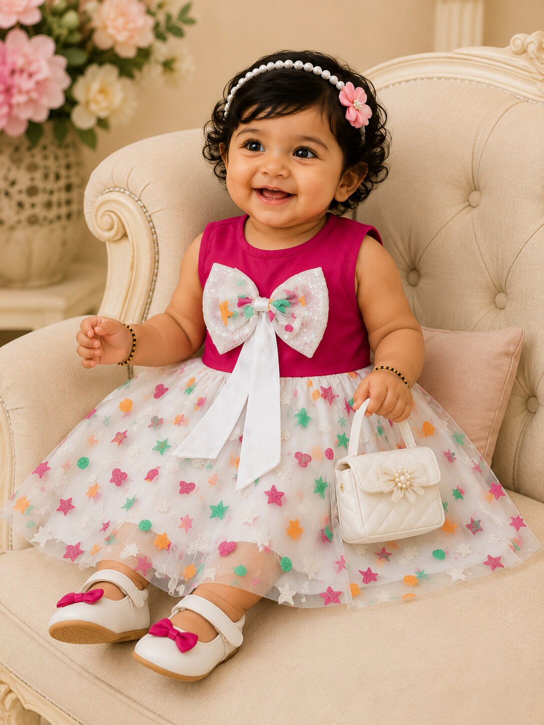 Pspeaches Baby Girls Fuchsia Pink & White Ethnic Glitter Flock Motif Poplin Asymmetric Dress