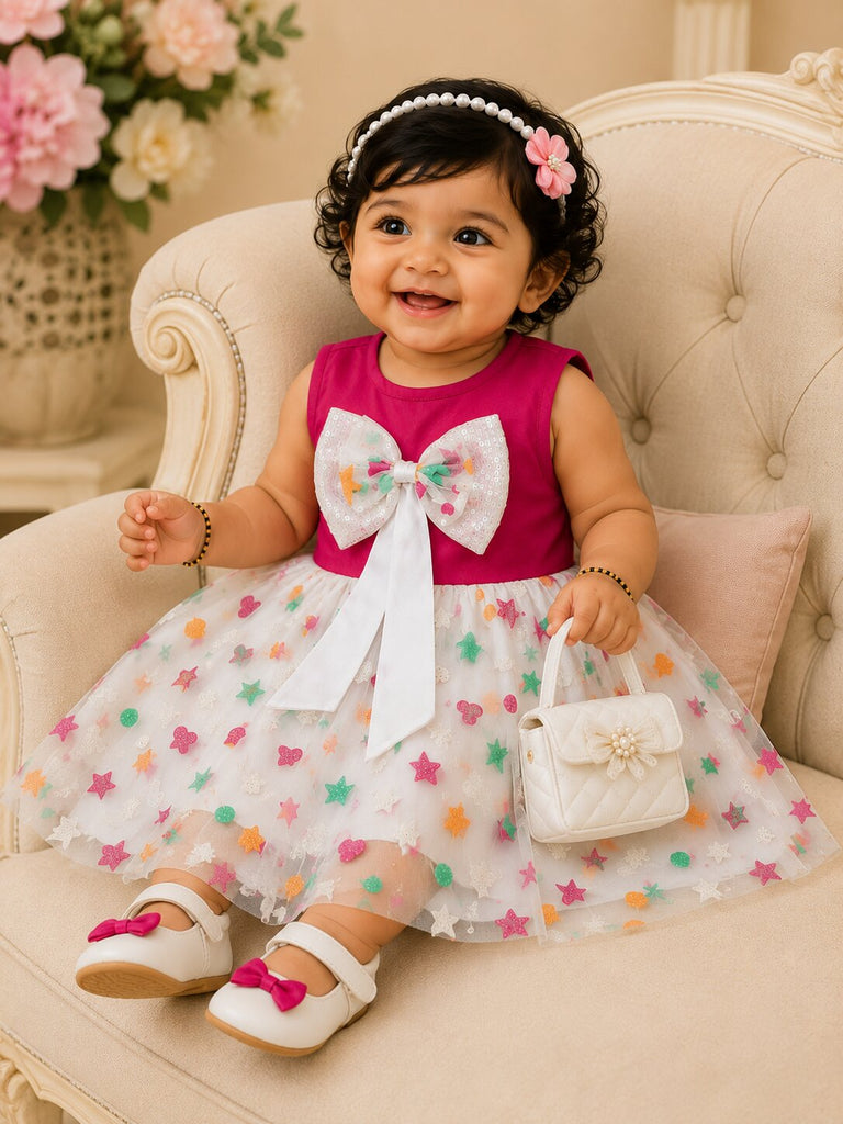 Pspeaches Baby Girls Fuchsia Pink & White Ethnic Glitter Flock Motif Poplin Asymmetric Dress