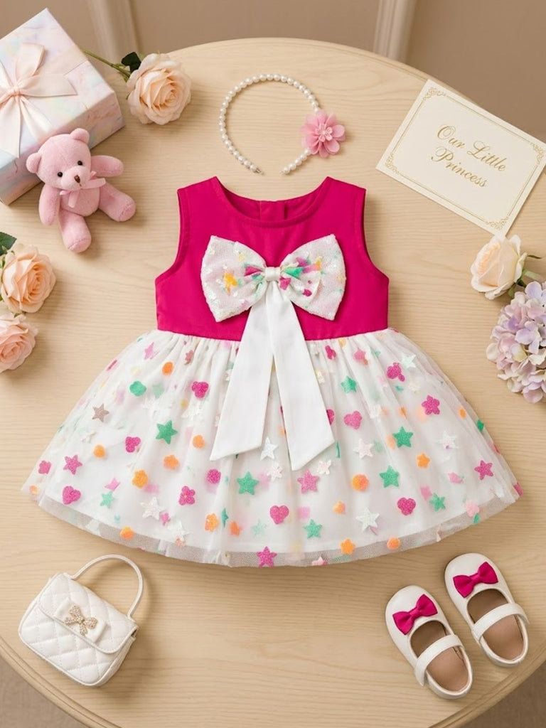 Pspeaches Baby Girls Fuchsia Pink & White Ethnic Glitter Flock Motif Poplin Asymmetric Dress