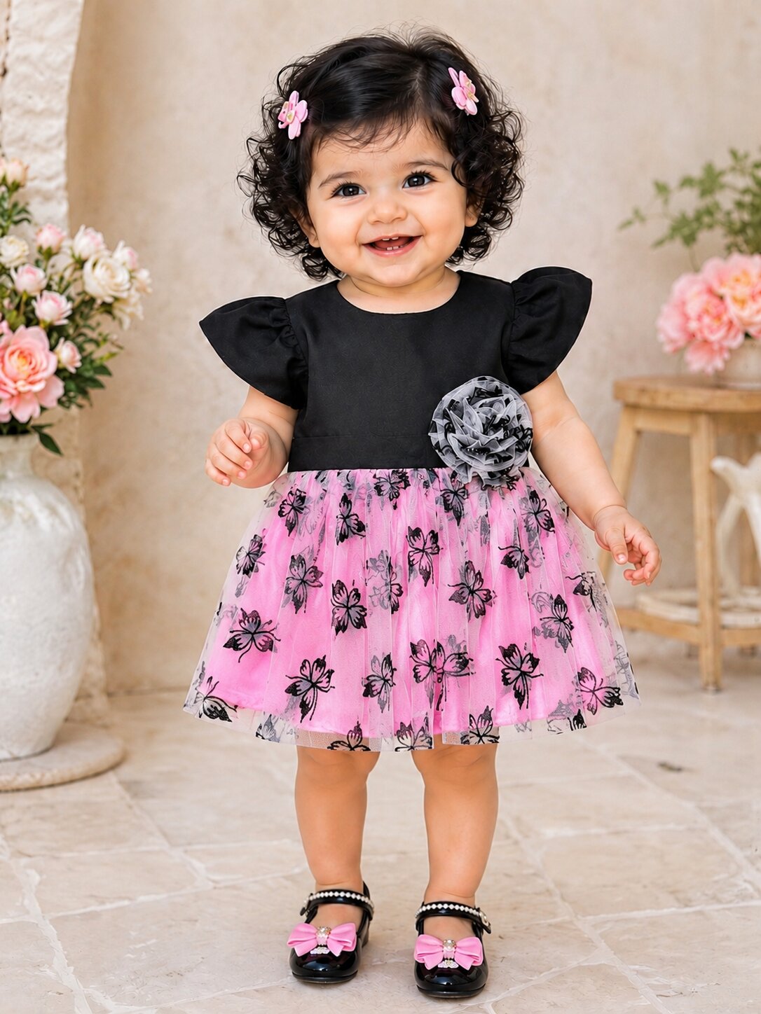 Pspeaches Baby Girl Black & Pink Ethnic Butterfly Print Taffeta Flared Dress