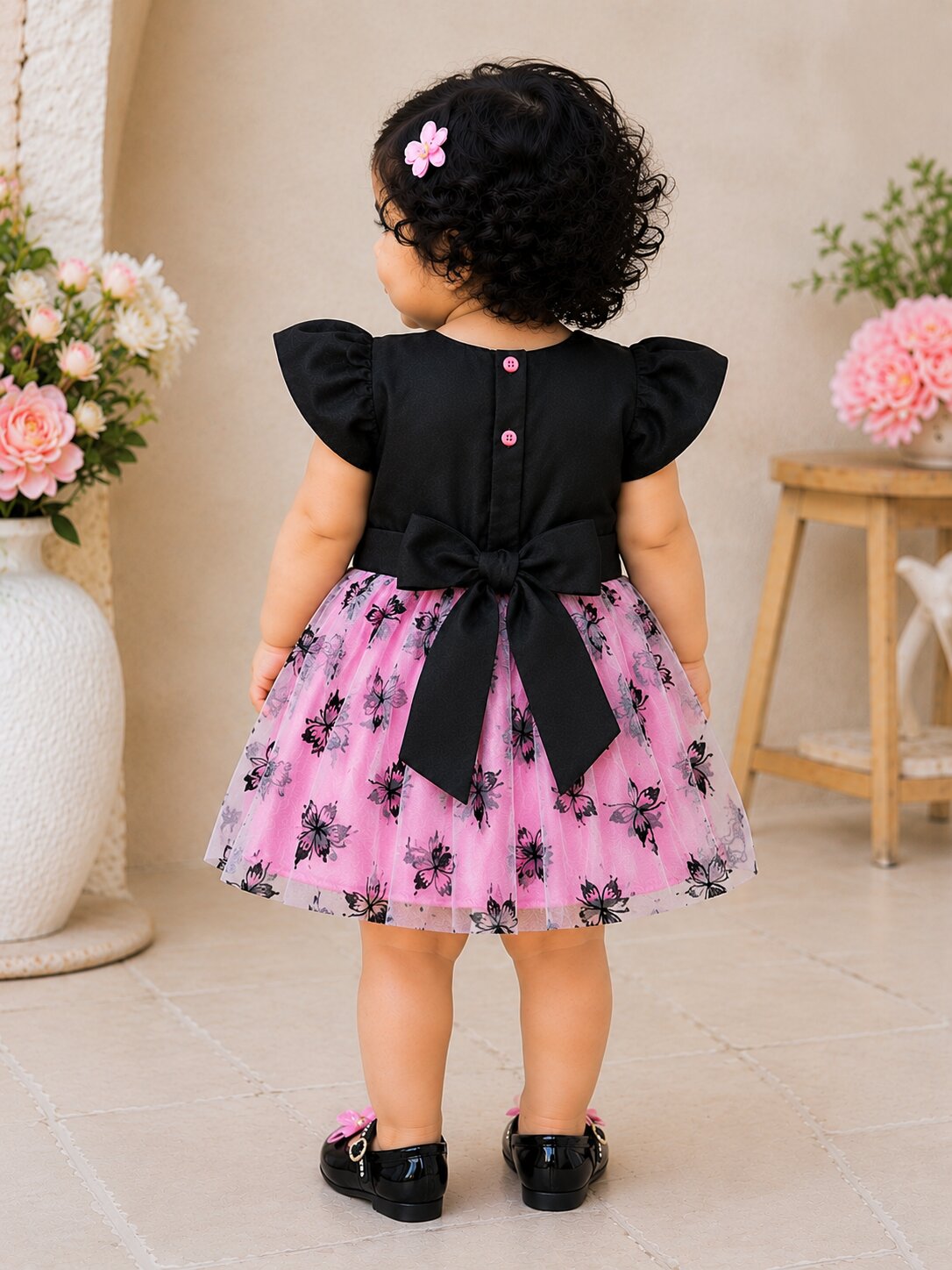 Pspeaches Baby Girl Black & Pink Ethnic Butterfly Print Taffeta Flared Dress