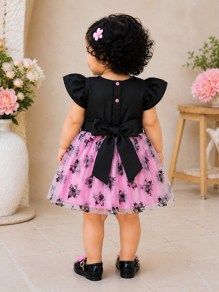 Pspeaches Baby Girl Black & Pink Ethnic Butterfly Print Taffeta Flared Dress