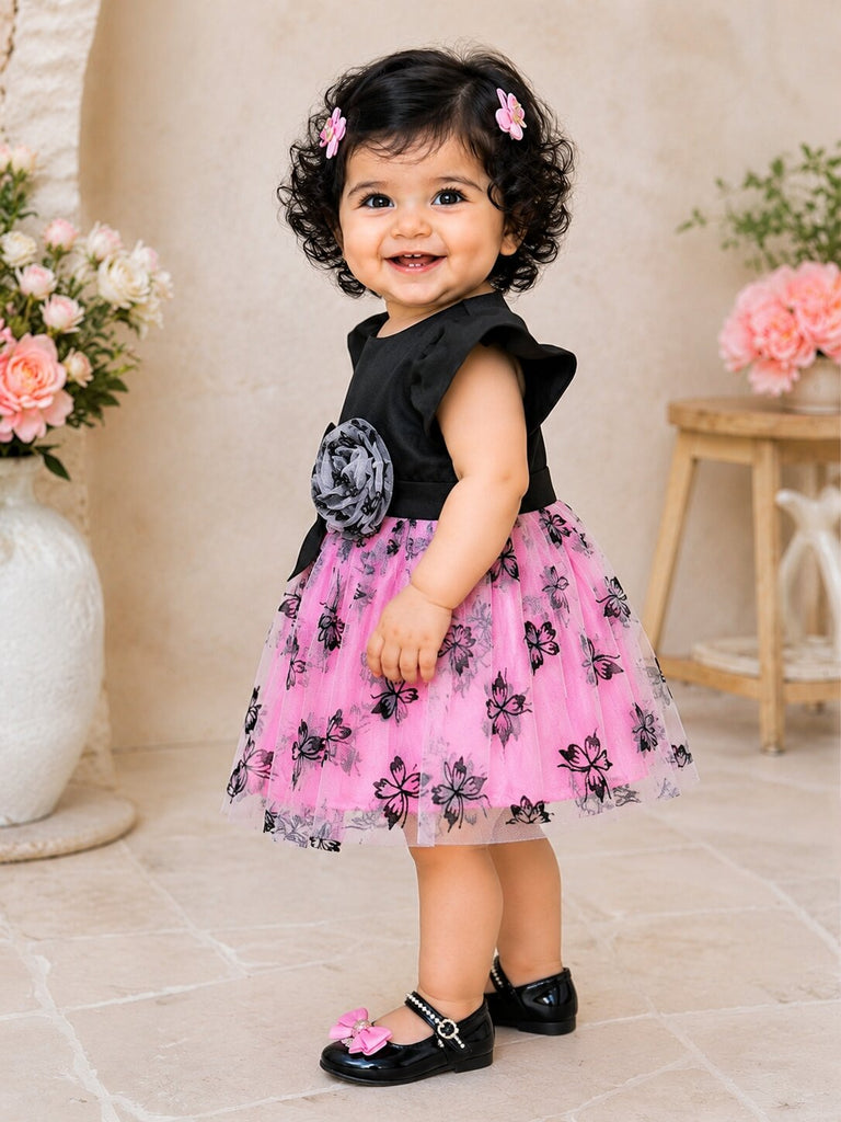 Pspeaches Baby Girl Black & Pink Ethnic Butterfly Print Taffeta Flared Dress