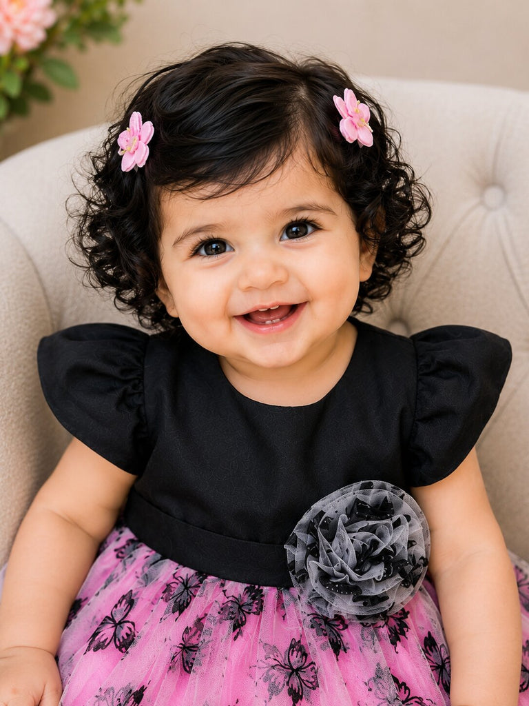 Pspeaches Baby Girl Black & Pink Ethnic Butterfly Print Taffeta Flared Dress
